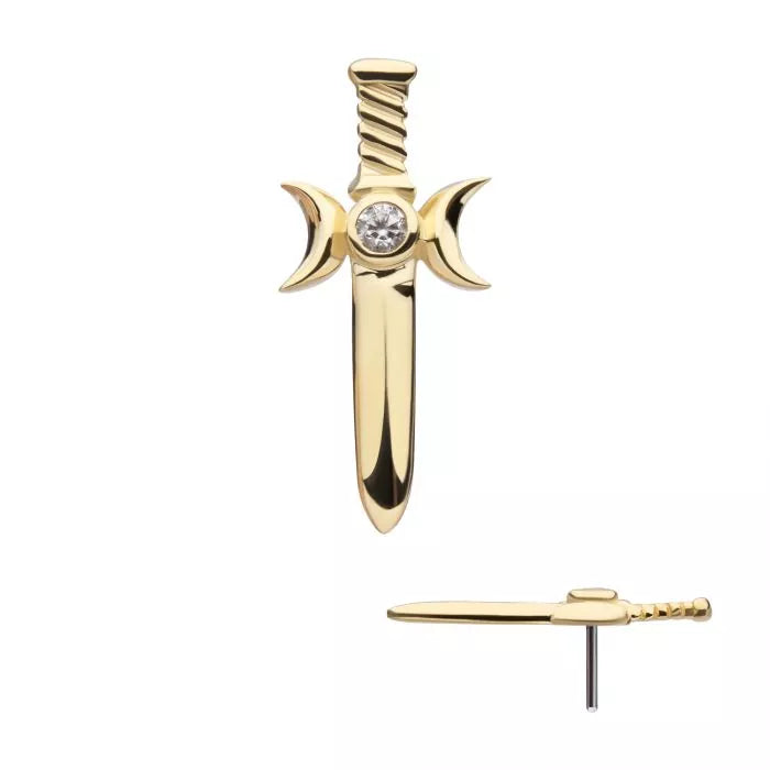 14K Gold Threadless Triple Moon CZ Dagger Top – ARAKNA Body Jewelry