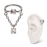 Titanium Prong Set Gem Double Hoop with Chain Dangle Clicker