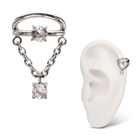 Titanium Prong Set Gem Double Hoop with Chain Dangle Clicker