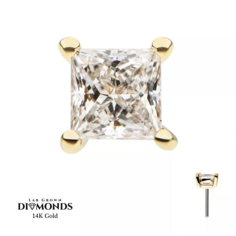 14K Gold Threadless Princess Cut Clear Diamond Top
