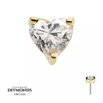 14K Gold Threadless Heart Shape Clear Diamond Top