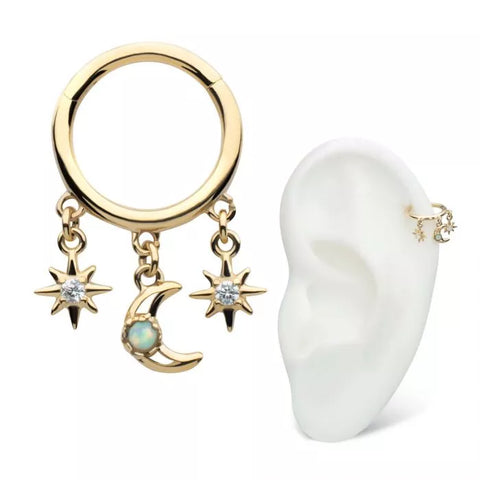 14K Gold Opal Moon & CZ Stars Dangle Clicker