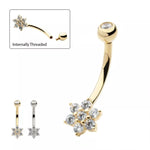 14K Gold Internally Threaded CZ Top & Flower Navel Curve