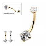 14K Gold Internally Threaded Double Prong Set CZ Navel Curve