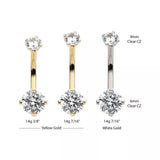 14K Gold Internally Threaded Double Prong Set CZ Navel Curve