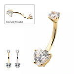 14K Gold Internally Threaded Double Prong Set Heart CZ Navel Curve