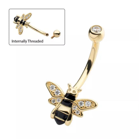 14K Gold Internally Threaded Bee CZ Navel Curve