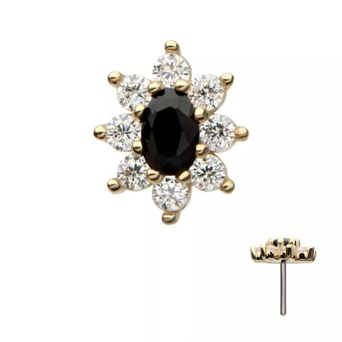 14K Gold Threadless Black & Clear CZ Flower Top