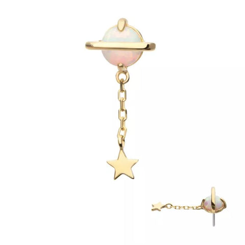 14K Gold Threadless Opal Planet & Star Chain Dangle Top