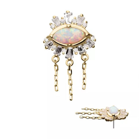 14K Gold Threadless Opal & CZ Evil Eye & Chains Dangle Top