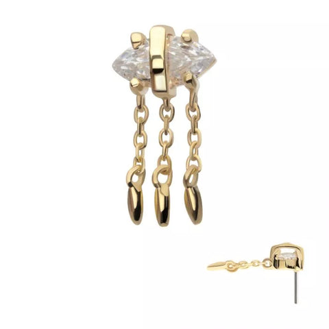 14K Gold Threadless Marquise CZ Evil Eye & Chains Dangle Top