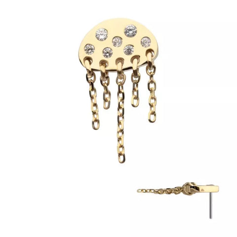 14K Gold Threadless Jellyfish Pave CZ & Chains Dangle Top