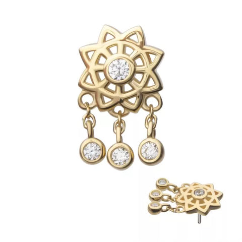 14K Gold Threadless Mandala With Triple Floating Gems Dangle Top