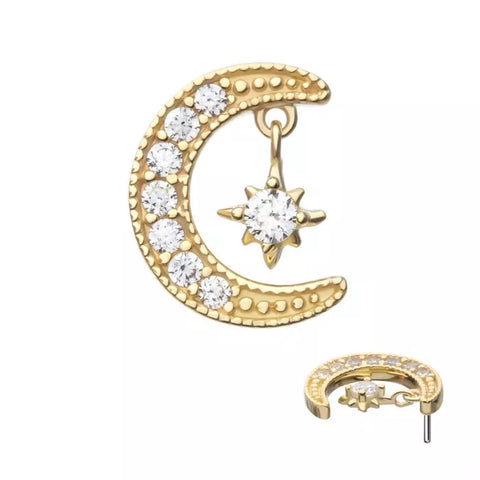 14K Gold Threadless Pave Set CZ Moon with Floating Star Dangle Top