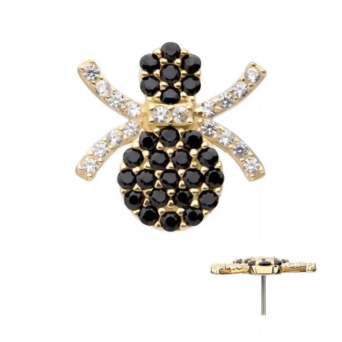 14K Gold Threadless Pave Spider Black & Clear CZ Top