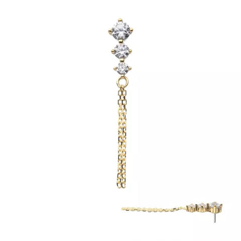 14K Gold Threadless 3 CZ with 2-Chain Dangle Top