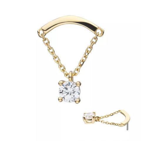 14K Gold Threadless Curved Bar with Prong CZ & Chain Dangle Top