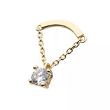 14K Gold Threadless Curved Bar with Prong CZ & Chain Dangle Top