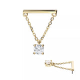 14K Gold Threadless Bar with Prong CZ & Chain Dangle Top