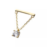 14K Gold Threadless Bar with Prong CZ & Chain Dangle Top