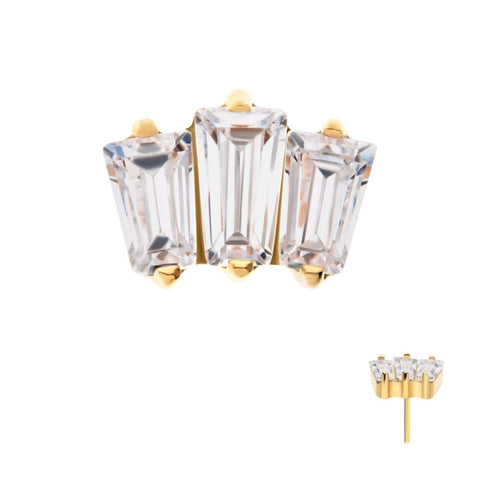24kt Gold PVD Prong Set Baguette CZ 3-Cluster Threadless End