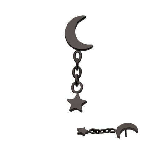 Black PVD Titanium Crescent Moon with Star Dangle Threadless End