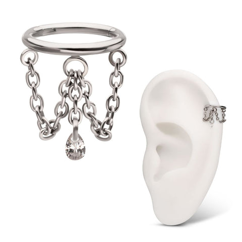 Titanium Triple Chain Dangle with Teardrop CZ Hinged Segment Clicker