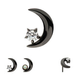 Black PVD Titanium Crescent Moon With White CZ Prong Threadless End