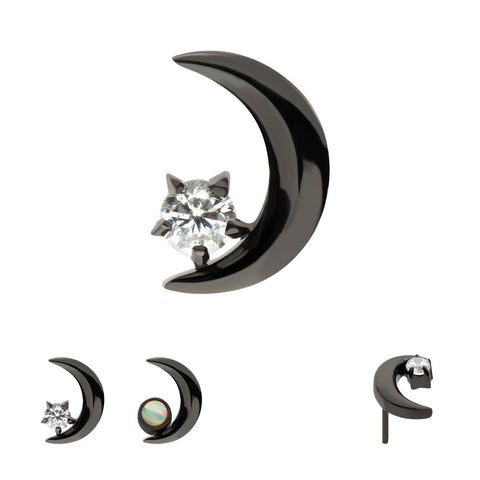 Black PVD Titanium Crescent Moon With White CZ Prong Threadless End
