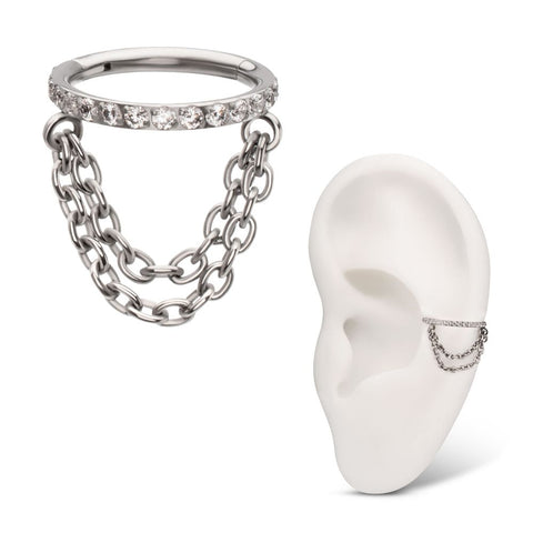 Titanium Paved CZ Hoop with Double Chain Hinged Segment Clicker