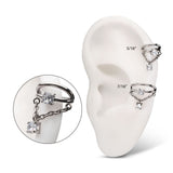 Titanium Prong Set Gem Double Hoop with Chain Dangle Clicker