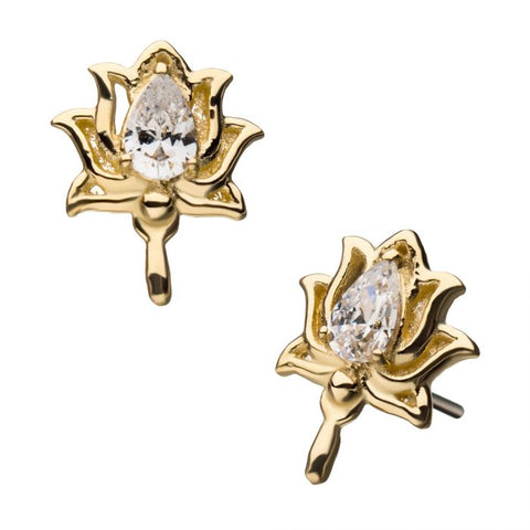 14K Gold Threadless Lotus Pear CZ Top