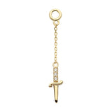 14K Gold Dagger 3-CZ Chain Dangle Charm