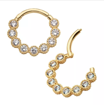 14K Gold 9-Cluster Bezel Set CZ Beaded Edge Front Facing Clicker