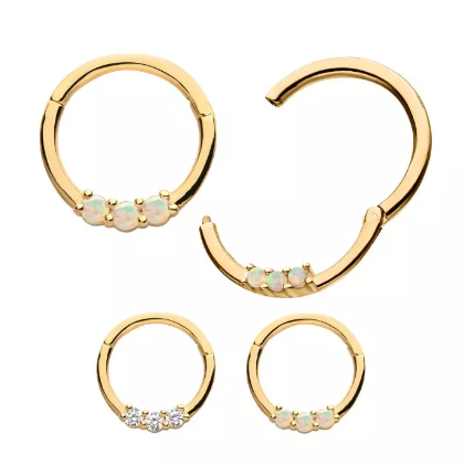 14K Gold Prong Set CZ /White Opal 3-Cluster Front Facing Clicker