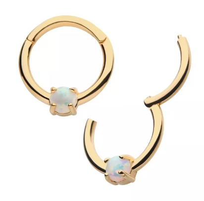 14K Gold Prong Set White Opal Front Facing Clicker