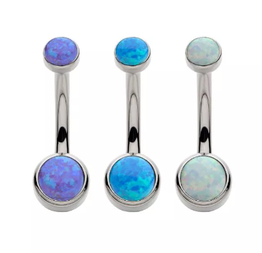 Titanium Internally Threaded Bezel Set Double Opal Smooth Back Navel Curve (3 colors)