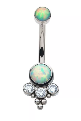 Titanium Internally Threaded Tri Bead Bezel Set Opal & CZ Cluster Navel Curve.