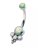 Titanium Internally Threaded Tri Bead Bezel Set Opal & CZ Cluster Navel Curve.