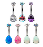 Titanium Internally Threaded Prong Set CZ/Opal Flower Top/Pear Bottom Navel Curve (7 colors)