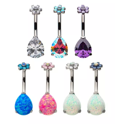 Titanium Internally Threaded Prong Set CZ/Opal Flower Top/Pear Bottom Navel Curve (7 colors)