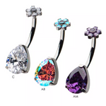 Titanium Internally Threaded Prong Set CZ/Opal Flower Top/Pear Bottom Navel Curve (7 colors)