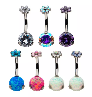 Titanium Internally Threaded Prong Set CZ/Opal Flower Top/Round Bottom Navel Curve (7 colors)