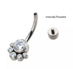 Titanium Internally Threaded 5 Bezel Set Round CZ/Opal Cluster Navel Curve (2 colors)