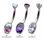 Titanium Internally Threaded Round CZ Top Oval CZ Fixed Bottom Navel Curve (3 colors)