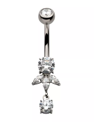 Titanium Internally Threaded Bezel Set Triple Marquise CZ Dangle Navel Curve