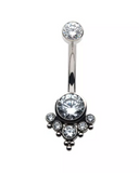 Titanium Internally Threaded Tri Bead Bezel Set CZ Terraced Cluster Navel Curve