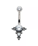 Titanium Internally Threaded Multi Tri Beads Bezel Set CZ Cluster Navel Curve