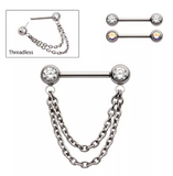 Titanium Threadless CZ Double Chain Dangle Nipple Bar (2 colors)