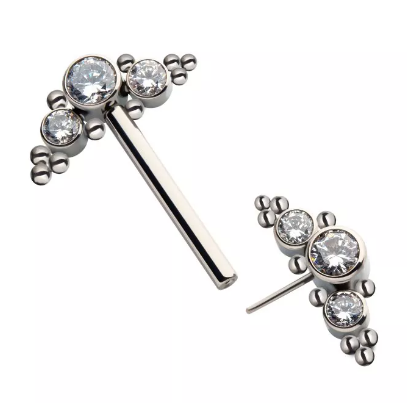 Titanium Threadless 3 Bezel CZ & Beads Nipple Bar